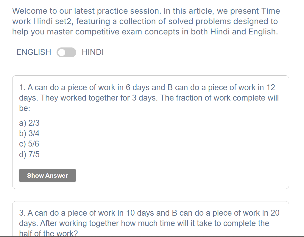 Bilingual toggle switch for Quantitative Aptitude English questions