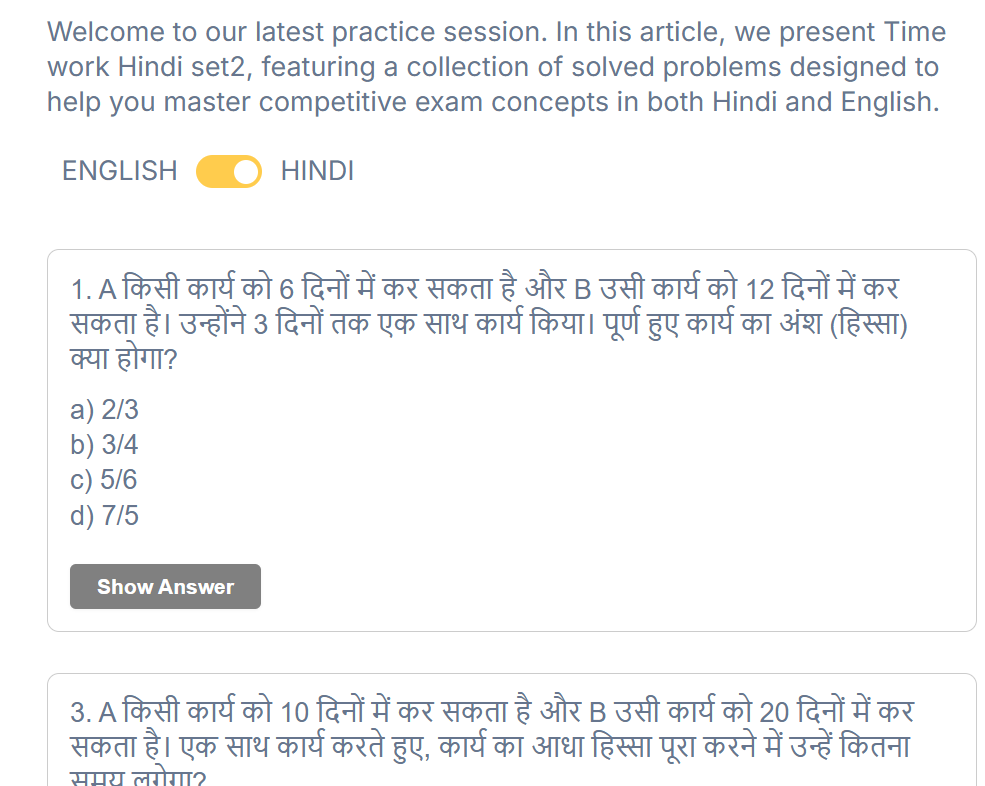 Bilingual toggle switch for Quantitative Aptitude Hindi questions